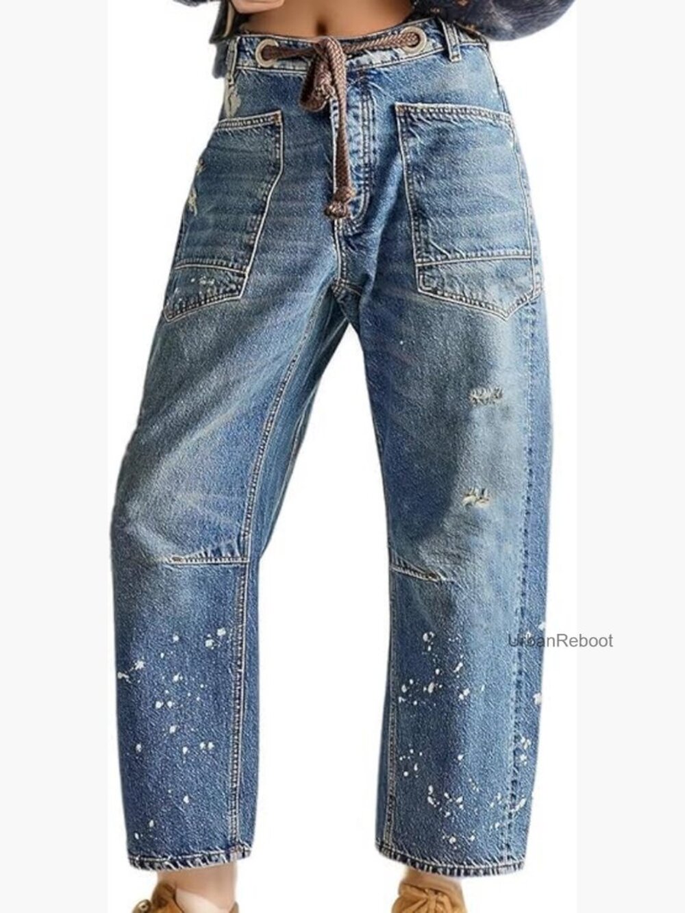 Mid-Low Rise Barrel Jeans - Boyfriend Drawstring Elastic Waist Baggy Boho